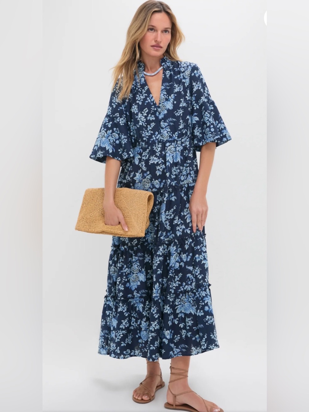 Tuckernuck Twilight Garden Jenna Dress Navy & Light Blue Floral Tiered Midi.